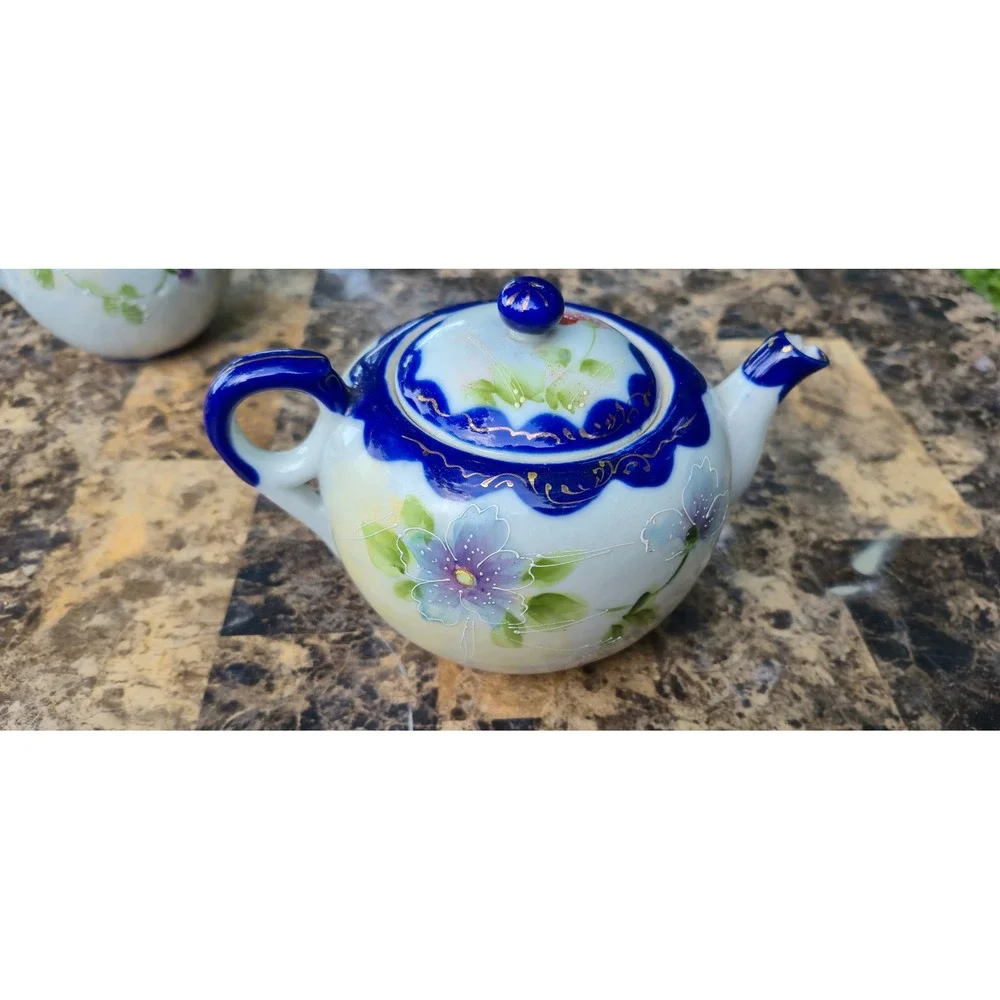 Vintage Made in Japan Hand Painted‎ Floral Tea Pot and Sugar Bowl Cobalt  gold